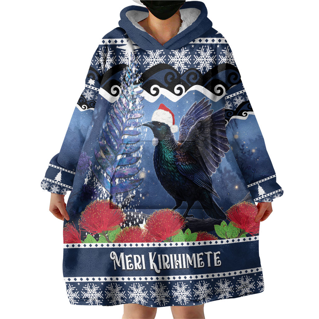New Zealand Tui Bird Christmas Wearable Blanket Hoodie Pohutukawa Xmas Tree Meri Kirihimete LT22 - Polynesian Pride