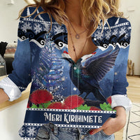 New Zealand Tui Bird Christmas Women Casual Shirt Pohutukawa Xmas Tree Meri Kirihimete LT22 Female Blue - Polynesian Pride