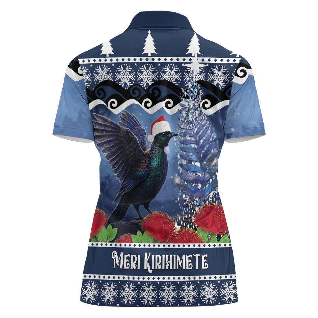New Zealand Tui Bird Christmas Women Polo Shirt Pohutukawa Xmas Tree Meri Kirihimete LT22 - Polynesian Pride