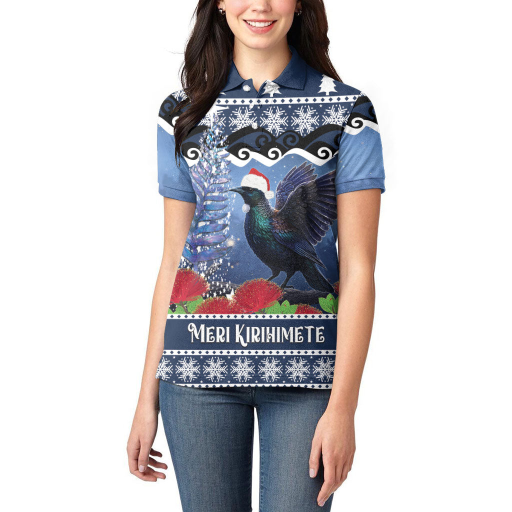 New Zealand Tui Bird Christmas Women Polo Shirt Pohutukawa Xmas Tree Meri Kirihimete LT22 - Polynesian Pride
