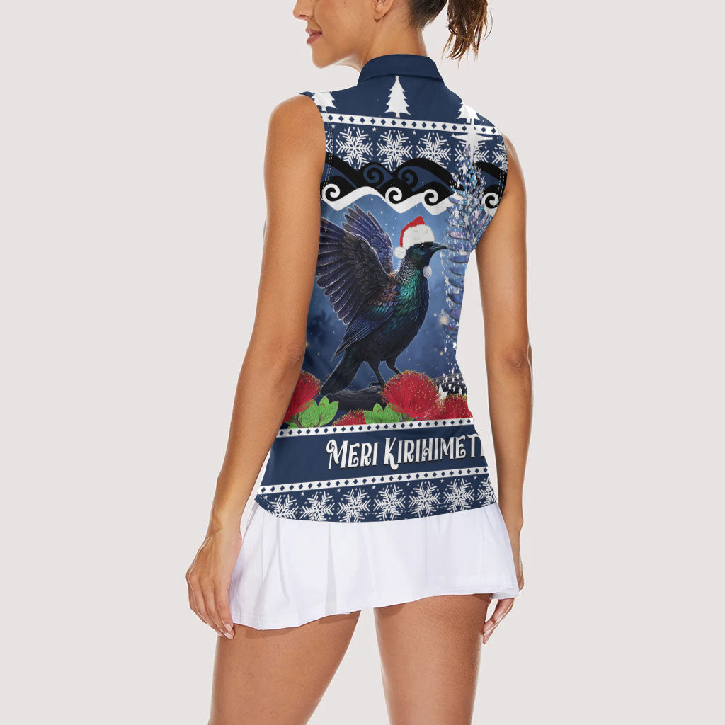New Zealand Tui Bird Christmas Women Sleeveless Polo Shirt Pohutukawa Xmas Tree Meri Kirihimete LT22 - Polynesian Pride