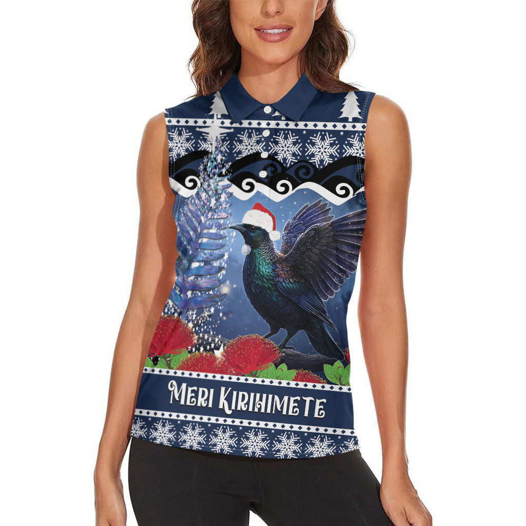New Zealand Tui Bird Christmas Women Sleeveless Polo Shirt Pohutukawa Xmas Tree Meri Kirihimete LT22 - Polynesian Pride