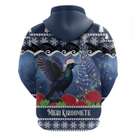 New Zealand Tui Bird Christmas Zip Hoodie Pohutukawa Xmas Tree Meri Kirihimete LT22 - Polynesian Pride