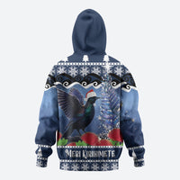New Zealand Tui Bird Christmas Zip Hoodie Pohutukawa Xmas Tree Meri Kirihimete LT22 - Polynesian Pride