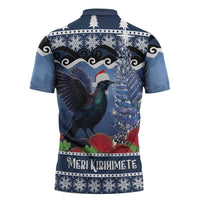 New Zealand Tui Bird Christmas Zipper Polo Shirt Pohutukawa Xmas Tree Meri Kirihimete LT22 - Polynesian Pride