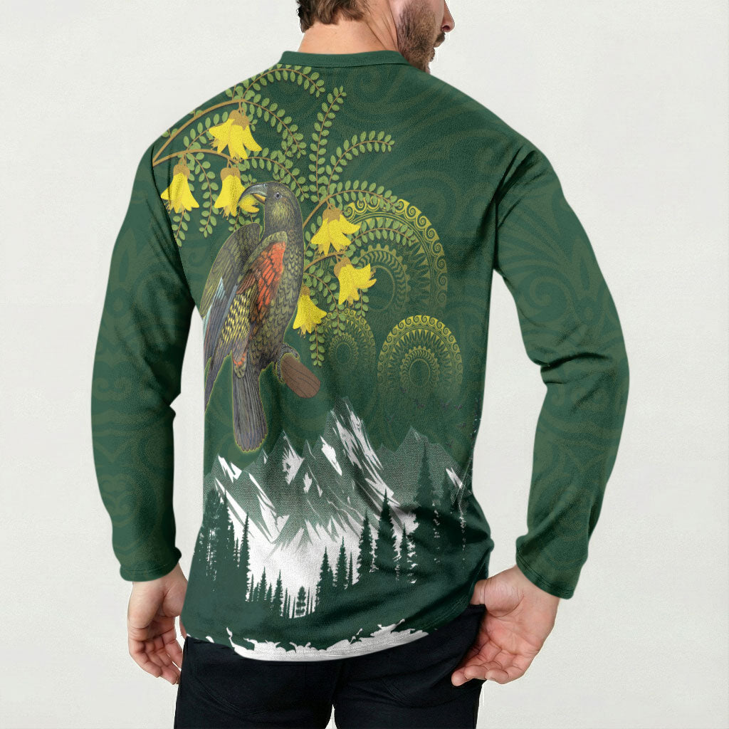Kea Bird Kowhai New Zealand Button Sweatshirt Mountain Landscape Maori Art