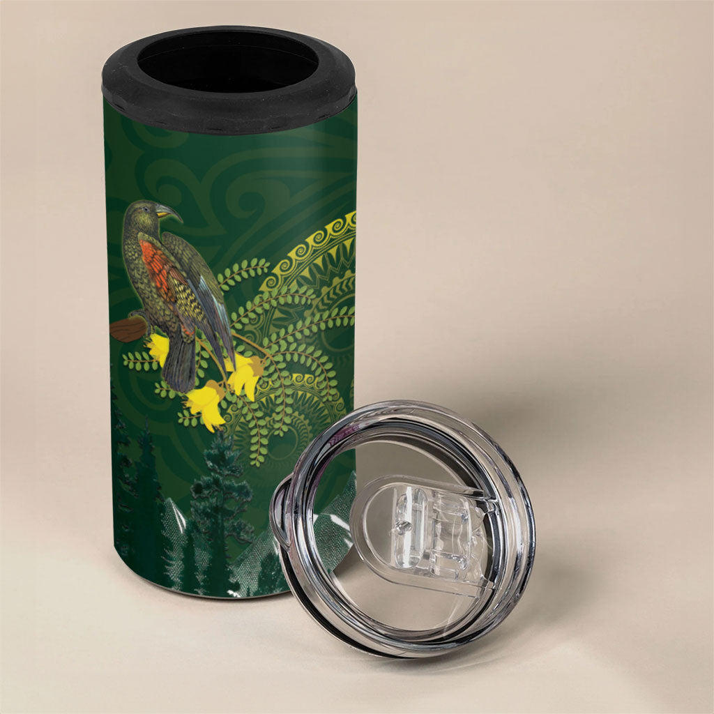 Kea Bird Kowhai New Zealand 4 in 1 Can Cooler Tumbler Mountain Landscape Maori Art