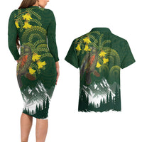 Kea Bird Kowhai New Zealand Couples Matching Long Sleeve Bodycon Dress and Hawaiian Shirt Mountain Landscape Maori Art LT22 - Polynesian Pride