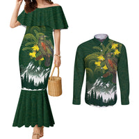 Kea Bird Kowhai New Zealand Couples Matching Mermaid Dress and Long Sleeve Button Shirt Mountain Landscape Maori Art LT22 Green - Polynesian Pride