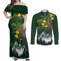 Kea Bird Kowhai New Zealand Couples Matching Off Shoulder Maxi Dress and Long Sleeve Button Shirt Mountain Landscape Maori Art