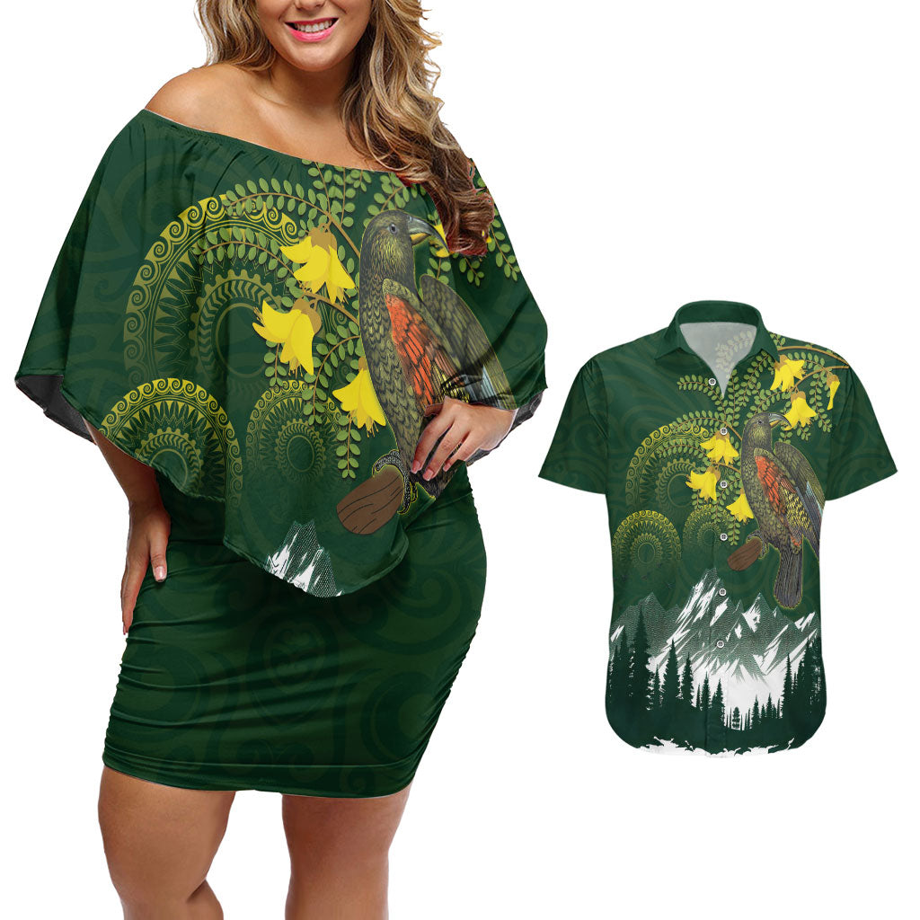 Kea Bird Kowhai New Zealand Couples Matching Off Shoulder Short Dress and Hawaiian Shirt Mountain Landscape Maori Art LT22 Green - Polynesian Pride