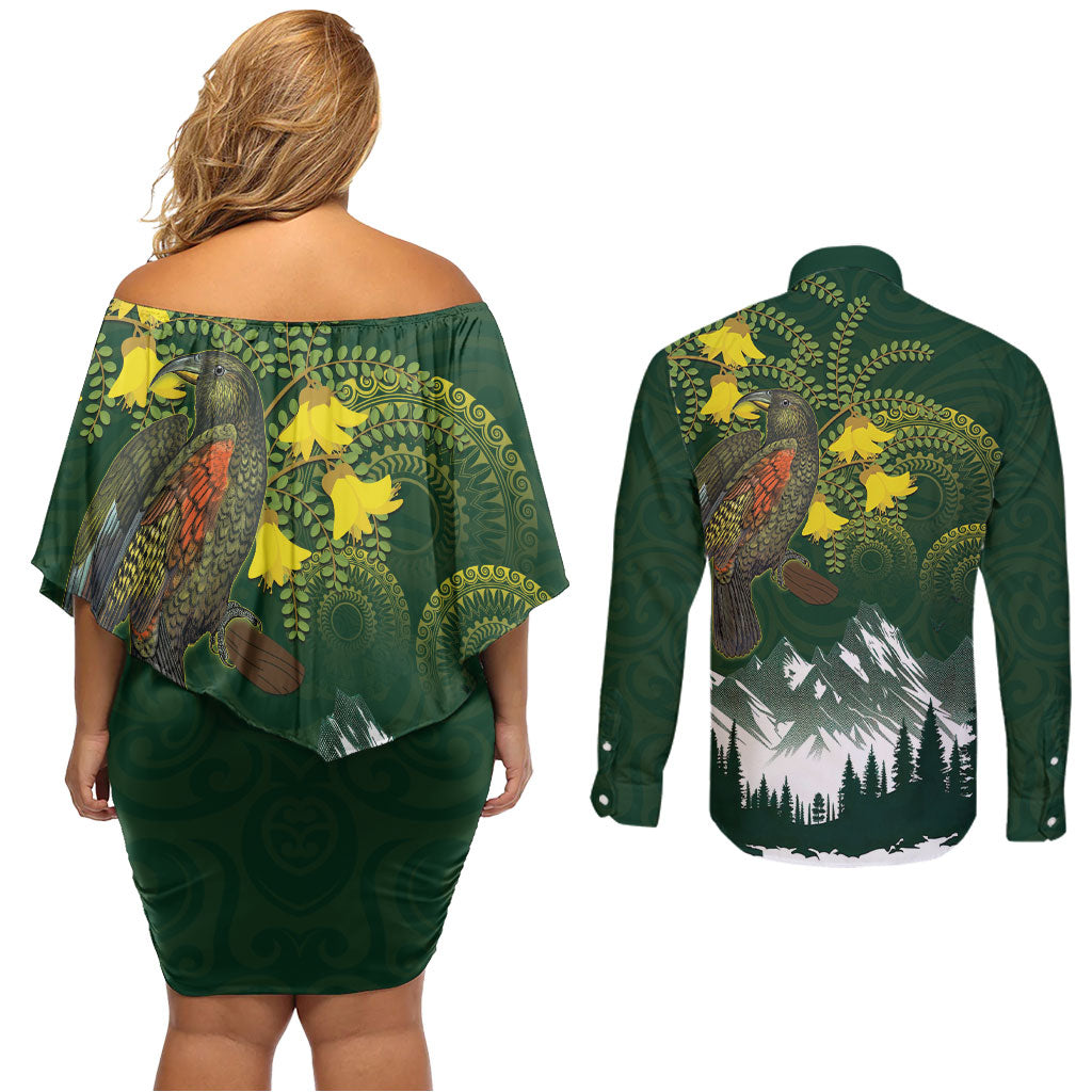 Kea Bird Kowhai New Zealand Couples Matching Off Shoulder Short Dress and Long Sleeve Button Shirt Mountain Landscape Maori Art