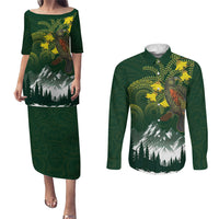 Kea Bird Kowhai New Zealand Couples Matching Puletasi and Long Sleeve Button Shirt Mountain Landscape Maori Art