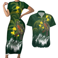 Kea Bird Kowhai New Zealand Couples Matching Short Sleeve Bodycon Dress and Hawaiian Shirt Mountain Landscape Maori Art LT22 Green - Polynesian Pride