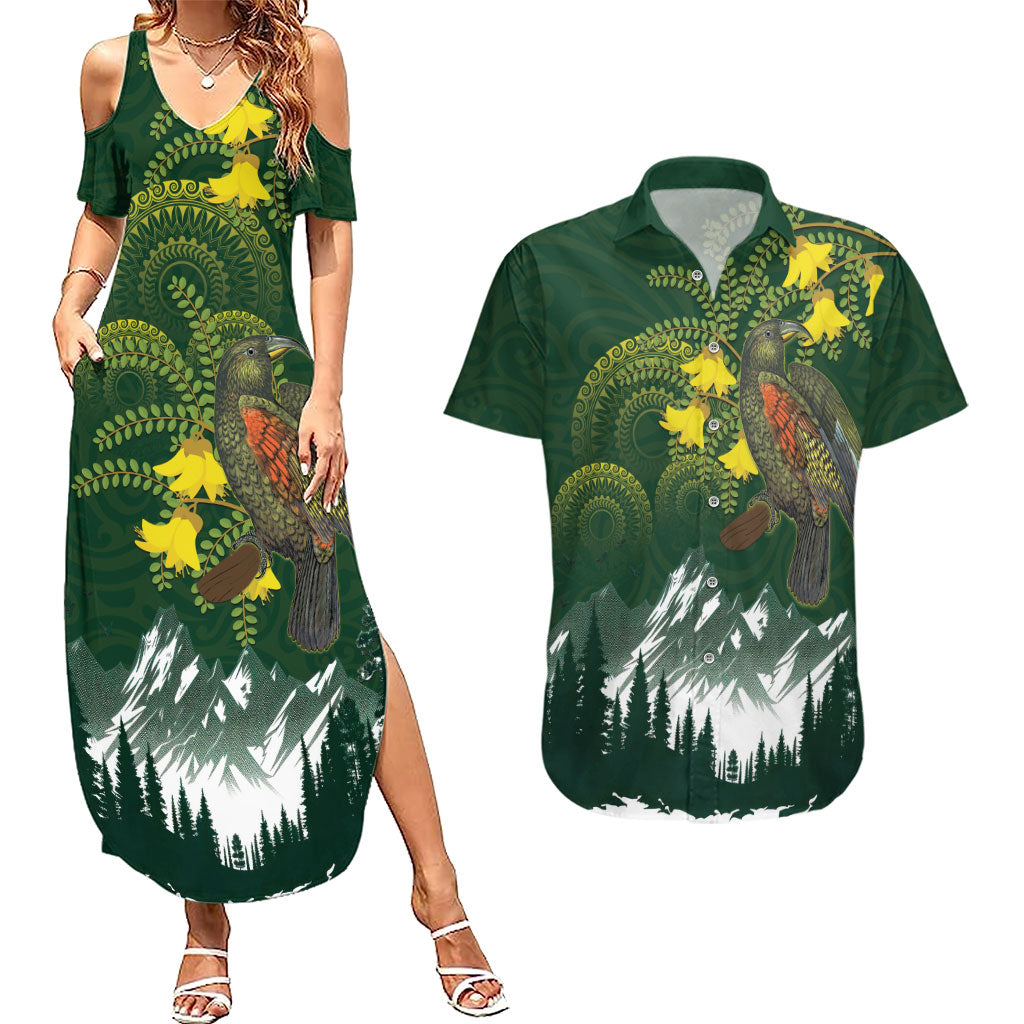 Kea Bird Kowhai New Zealand Couples Matching Summer Maxi Dress and Hawaiian Shirt Mountain Landscape Maori Art LT22 Green - Polynesian Pride