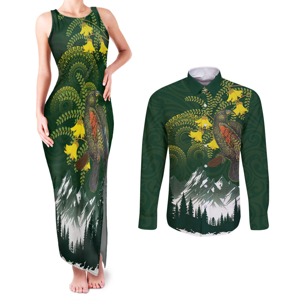 Kea Bird Kowhai New Zealand Couples Matching Tank Maxi Dress and Long Sleeve Button Shirt Mountain Landscape Maori Art LT22 Green - Polynesian Pride