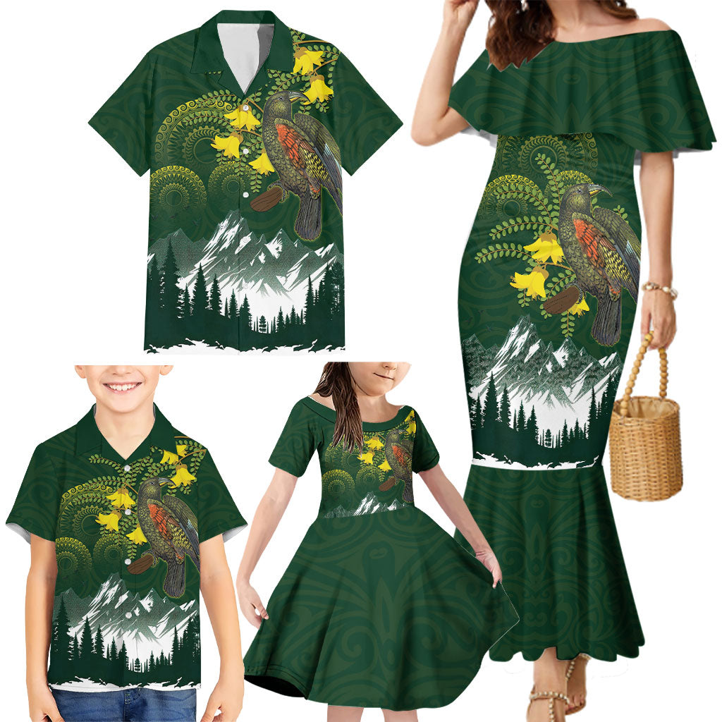 Kea Bird Kowhai New Zealand Family Matching Mermaid Dress and Hawaiian Shirt Mountain Landscape Maori Art LT22 - Polynesian Pride