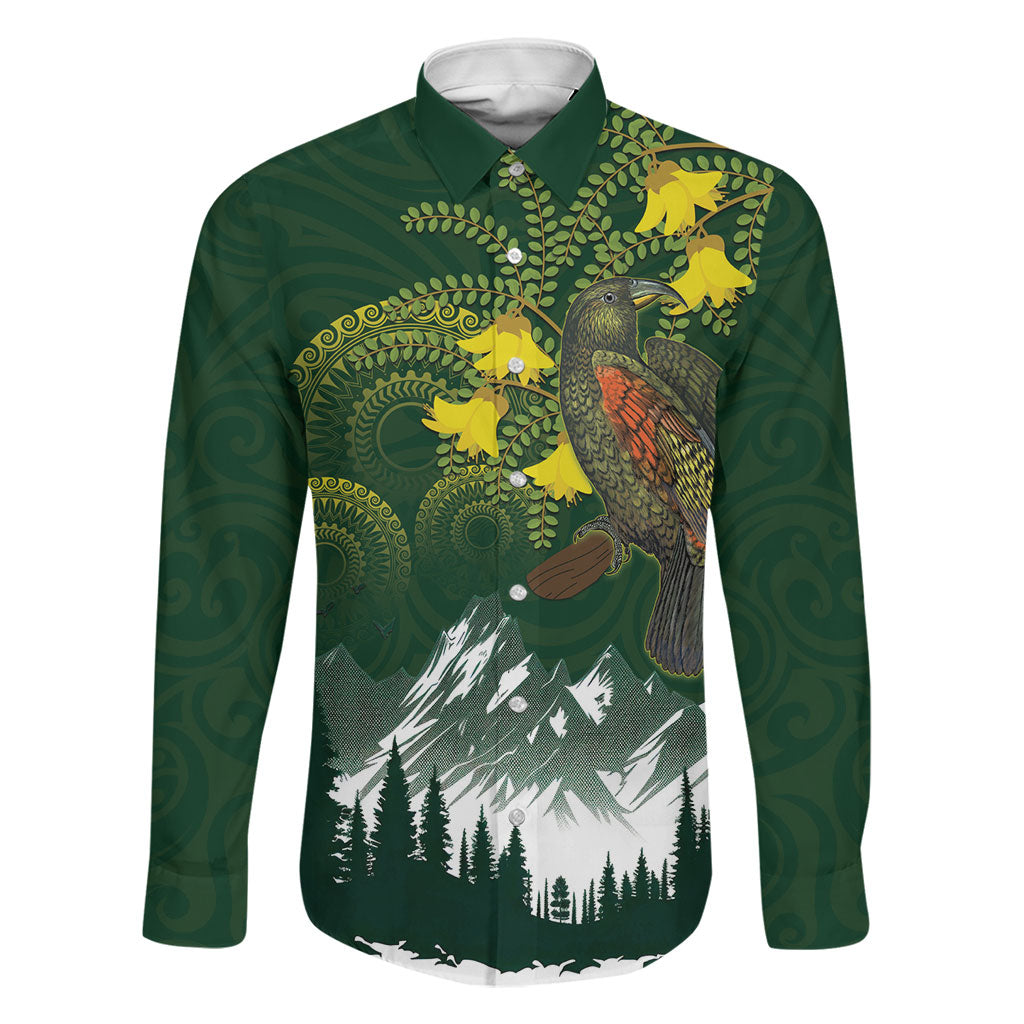 Kea Bird Kowhai New Zealand Family Matching Off Shoulder Maxi Dress and Hawaiian Shirt Mountain Landscape Maori Art LT22 Dad's Shirt - Long Sleeve Green - Polynesian Pride