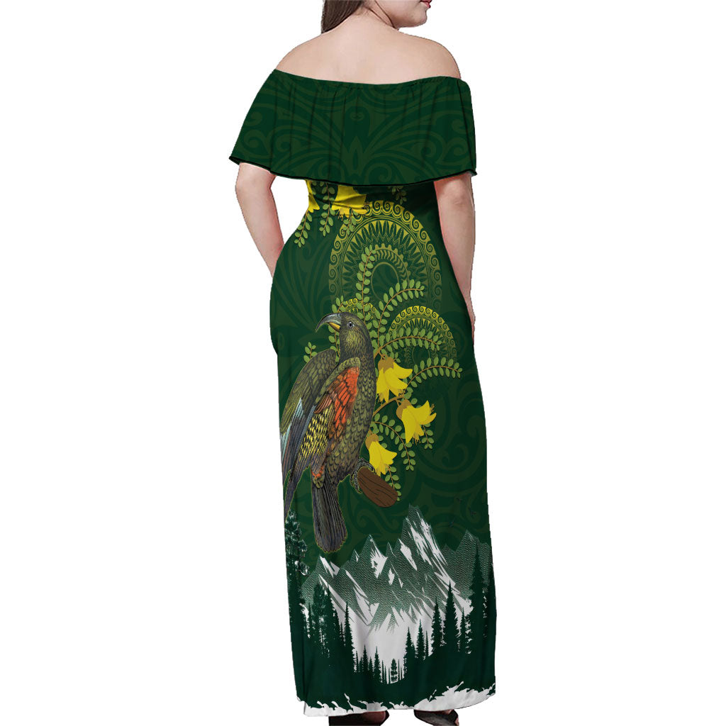 Kea Bird Kowhai New Zealand Family Matching Off Shoulder Maxi Dress and Hawaiian Shirt Mountain Landscape Maori Art LT22 - Polynesian Pride