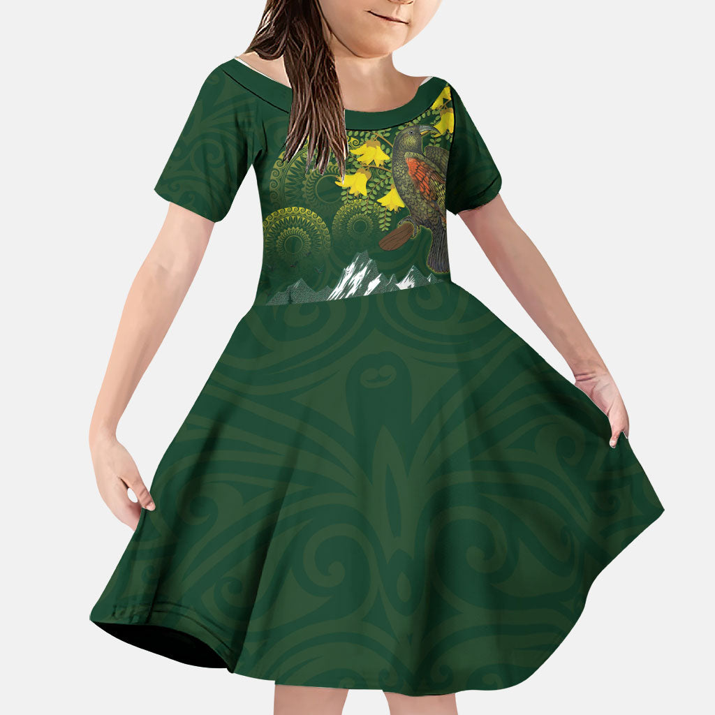 Kea Bird Kowhai New Zealand Family Matching Short Sleeve Bodycon Dress and Hawaiian Shirt Mountain Landscape Maori Art LT22 Daughter's Dress Green - Polynesian Pride