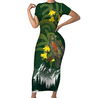 Kea Bird Kowhai New Zealand Family Matching Short Sleeve Bodycon Dress and Hawaiian Shirt Mountain Landscape Maori Art LT22 Mom's Dress Green - Polynesian Pride
