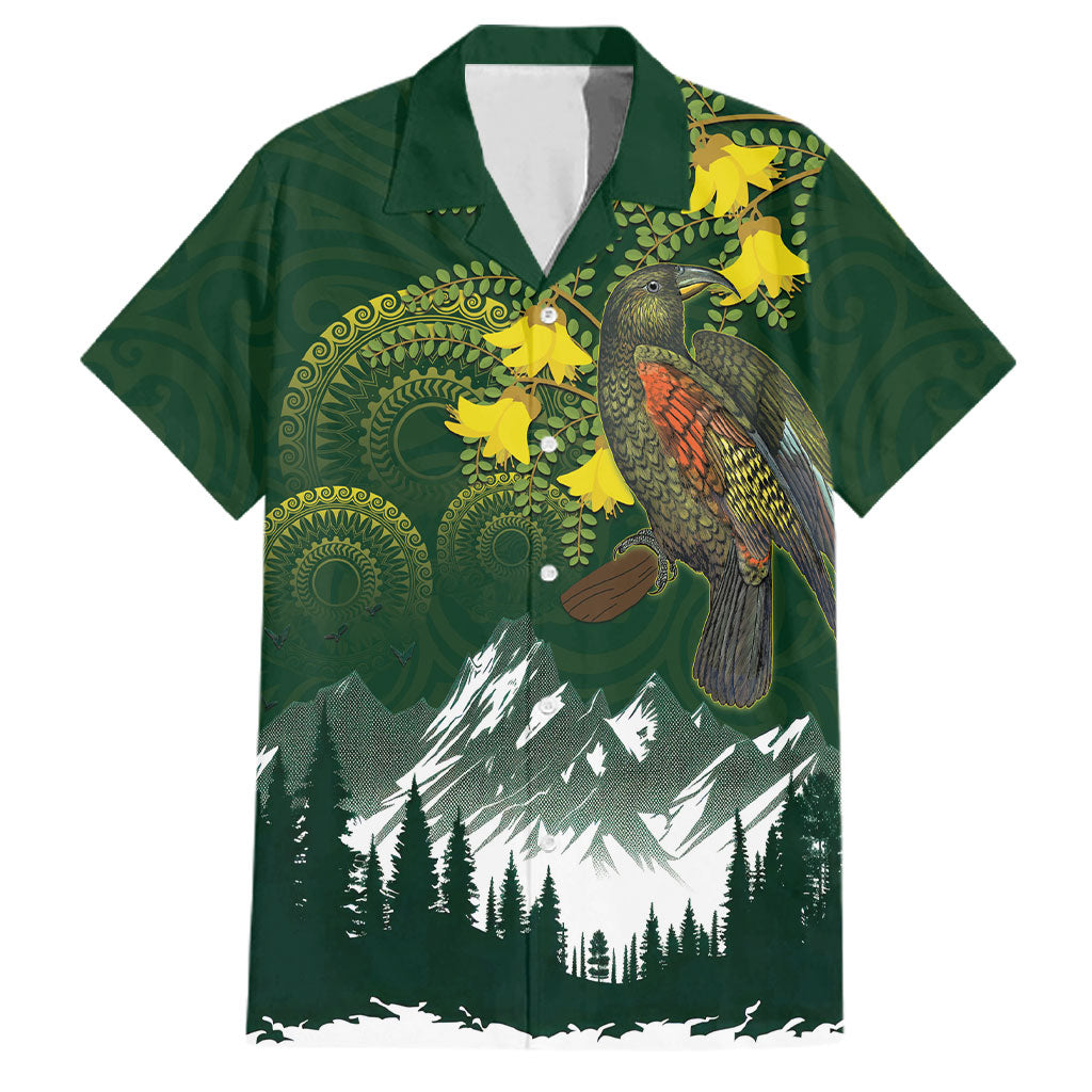 Kea Bird Kowhai New Zealand Family Matching Tank Maxi Dress and Hawaiian Shirt Mountain Landscape Maori Art LT22 Dad's Shirt - Short Sleeve Green - Polynesian Pride