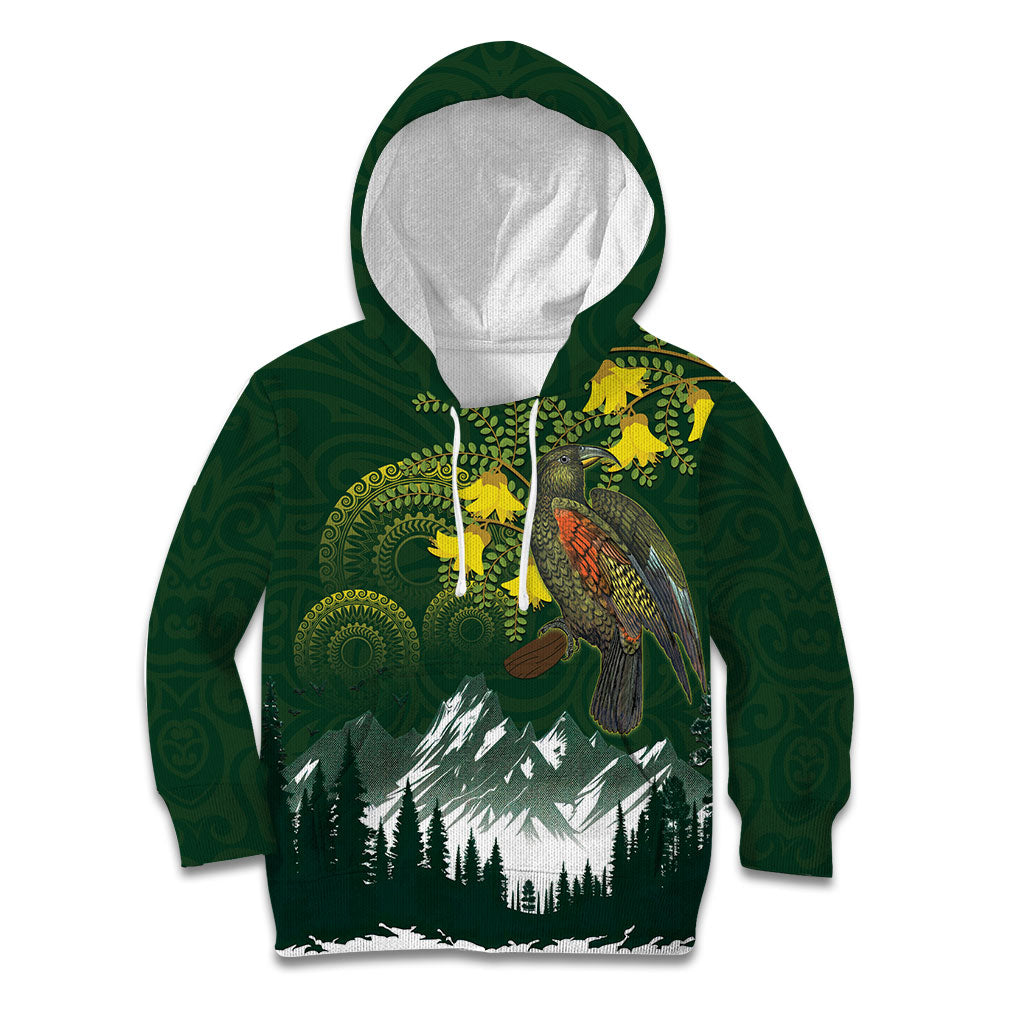 Kea Bird Kowhai New Zealand Kid Hoodie Mountain Landscape Maori Art LT22 Hoodie Green - Polynesian Pride