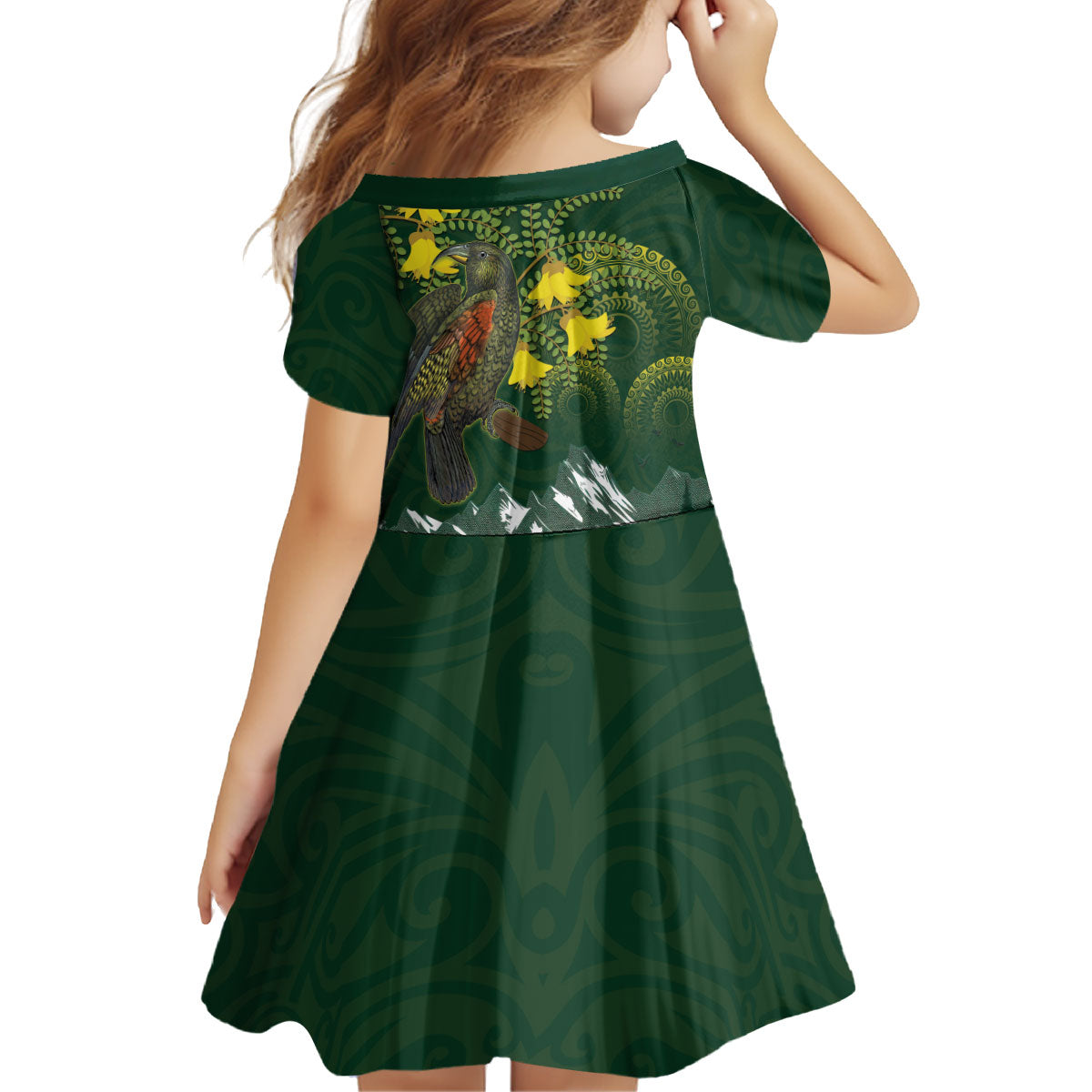 Kea Bird Kowhai New Zealand Kid Short Sleeve Dress Mountain Landscape Maori Art