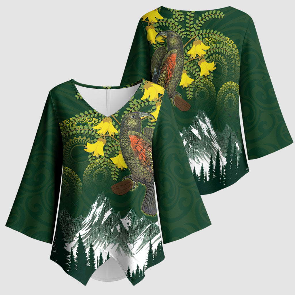 Kea Bird Kowhai New Zealand Kimono Sleeve Blouse Mountain Landscape Maori Art LT22 - Polynesian Pride
