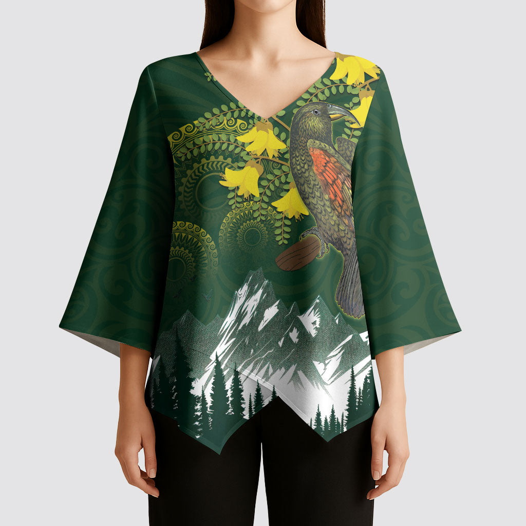 Kea Bird Kowhai New Zealand Kimono Sleeve Blouse Mountain Landscape Maori Art LT22 - Polynesian Pride