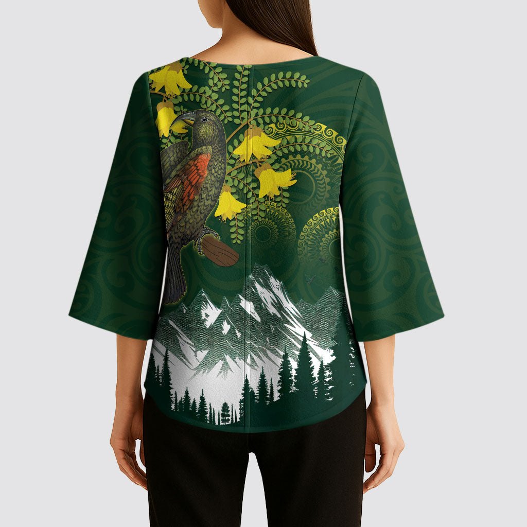 Kea Bird Kowhai New Zealand Kimono Sleeve Blouse Mountain Landscape Maori Art LT22 - Polynesian Pride