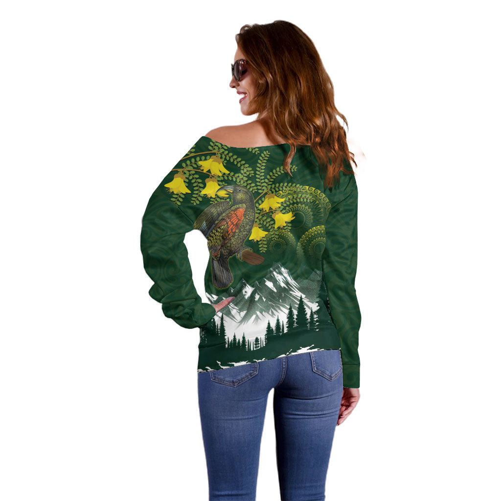 Kea Bird Kowhai New Zealand Off Shoulder Sweater Mountain Landscape Maori Art LT22 - Polynesian Pride