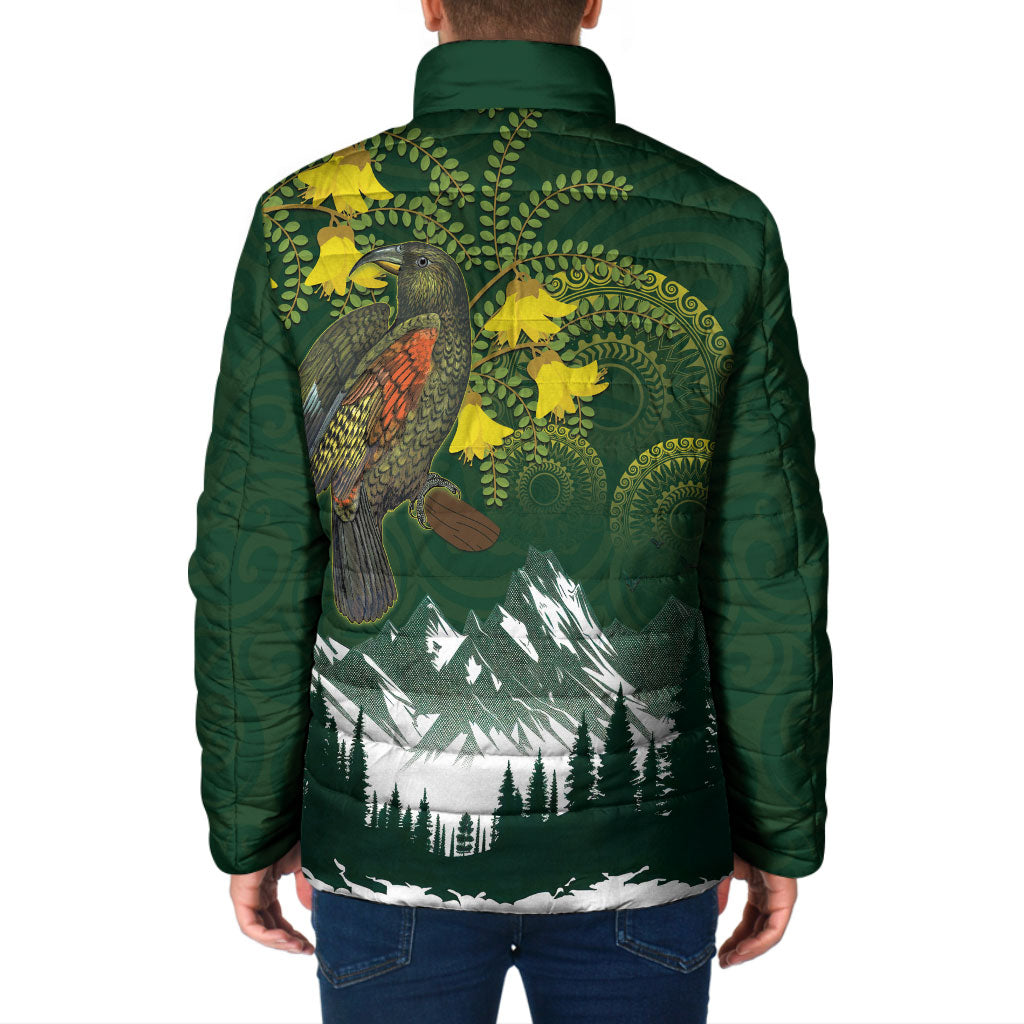 Kea Bird Kowhai New Zealand Padded Jacket Mountain Landscape Maori Art
