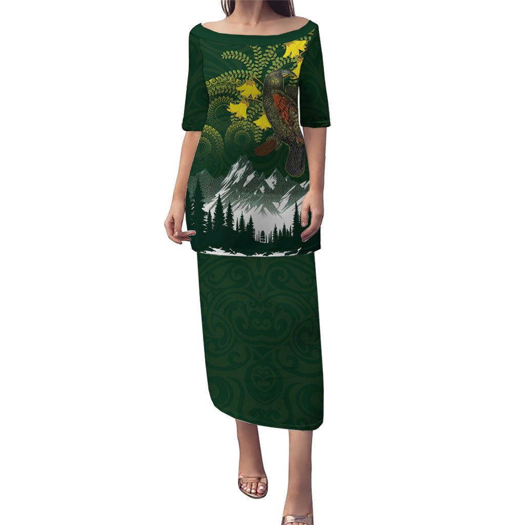 Kea Bird Kowhai New Zealand Puletasi Mountain Landscape Maori Art LT22 Long Dress Green - Polynesian Pride