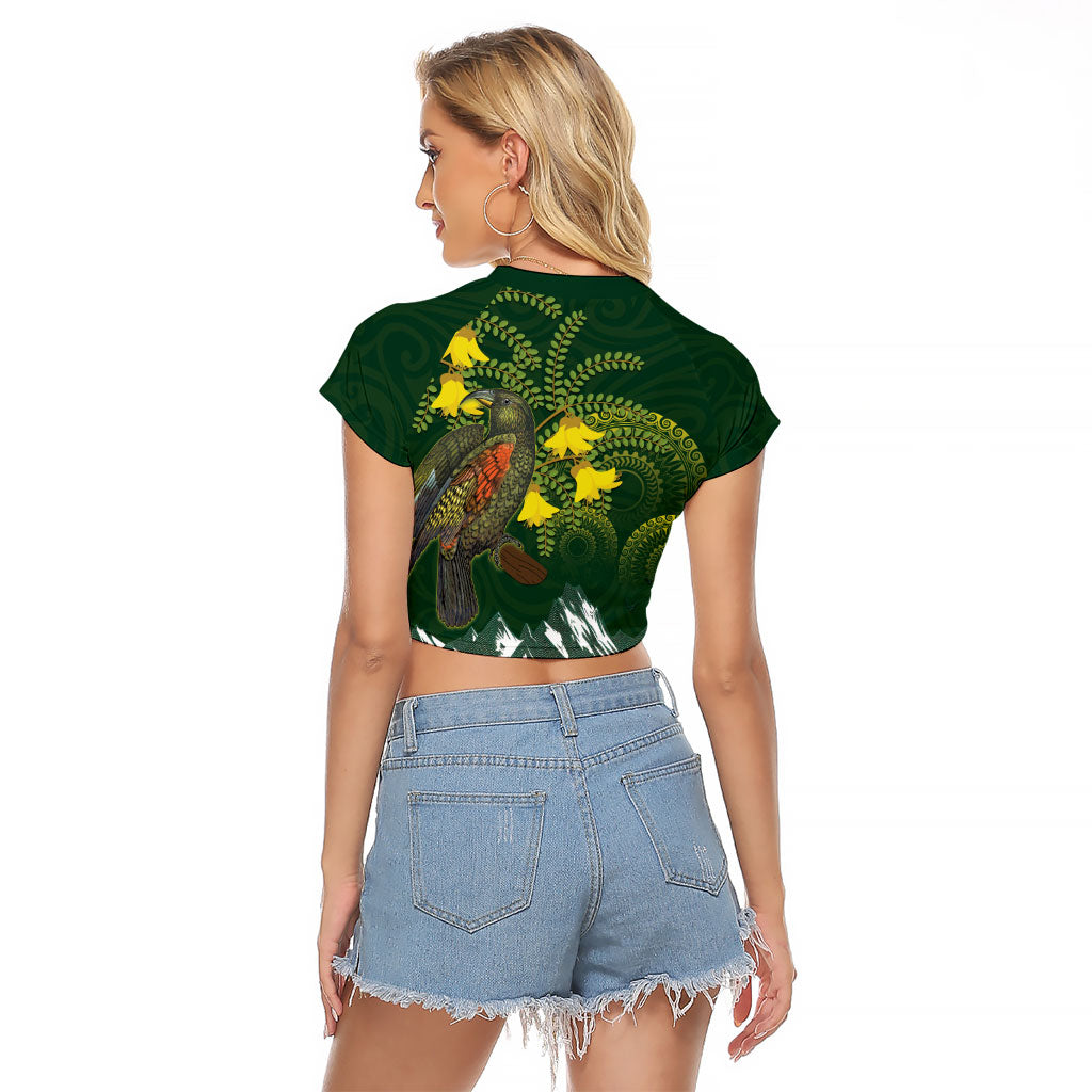 Kea Bird Kowhai New Zealand Raglan Cropped T Shirt Mountain Landscape Maori Art LT22 - Polynesian Pride