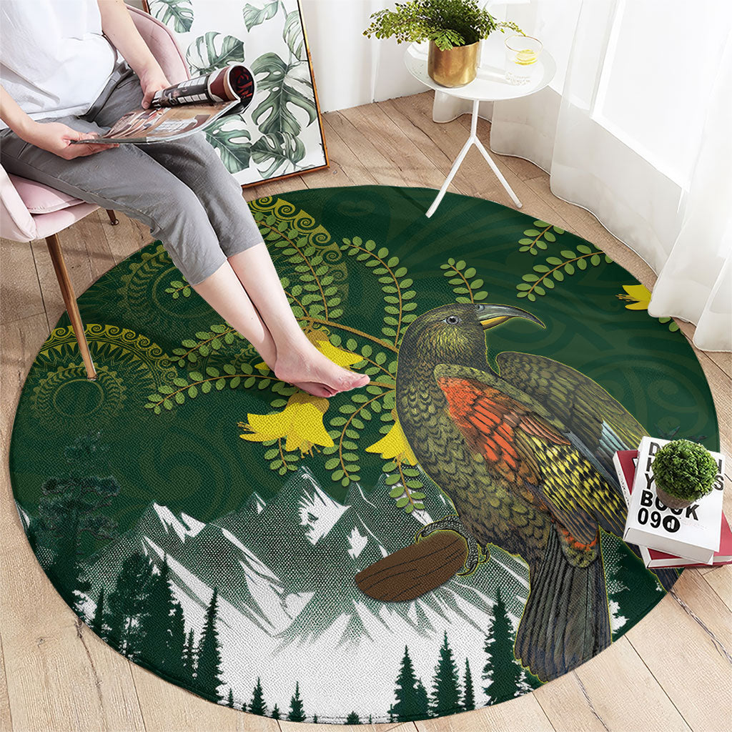 Kea Bird Kowhai New Zealand Round Carpet Mountain Landscape Maori Art LT22 - Polynesian Pride