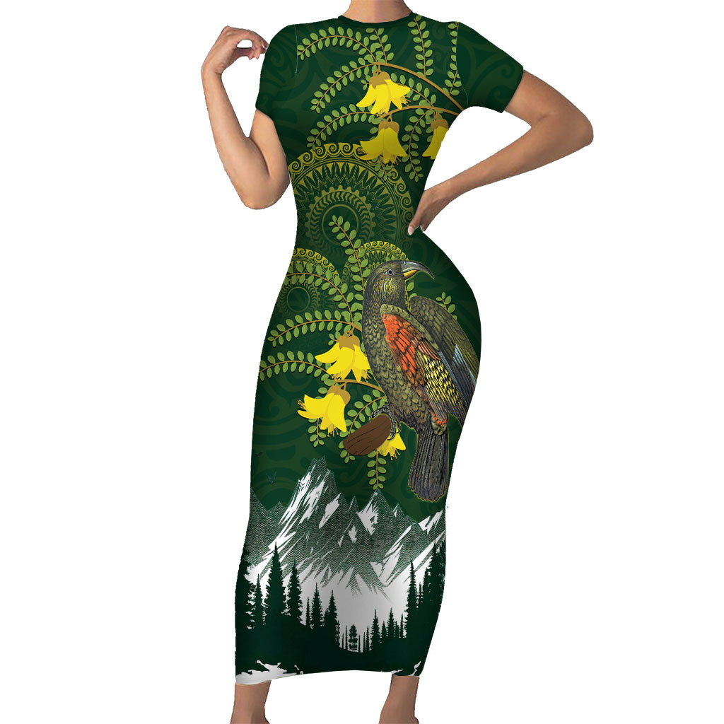 Kea Bird Kowhai New Zealand Short Sleeve Bodycon Dress Mountain Landscape Maori Art