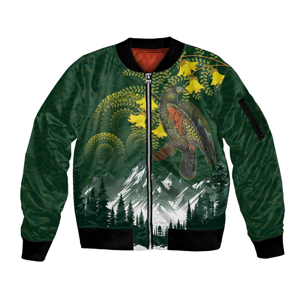 Kea Bird Kowhai New Zealand Sleeve Zip Bomber Jacket Mountain Landscape Maori Art LT22 Unisex Green - Polynesian Pride