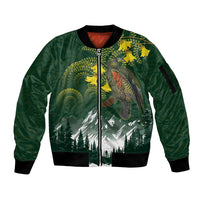 Kea Bird Kowhai New Zealand Sleeve Zip Bomber Jacket Mountain Landscape Maori Art LT22 Unisex Green - Polynesian Pride