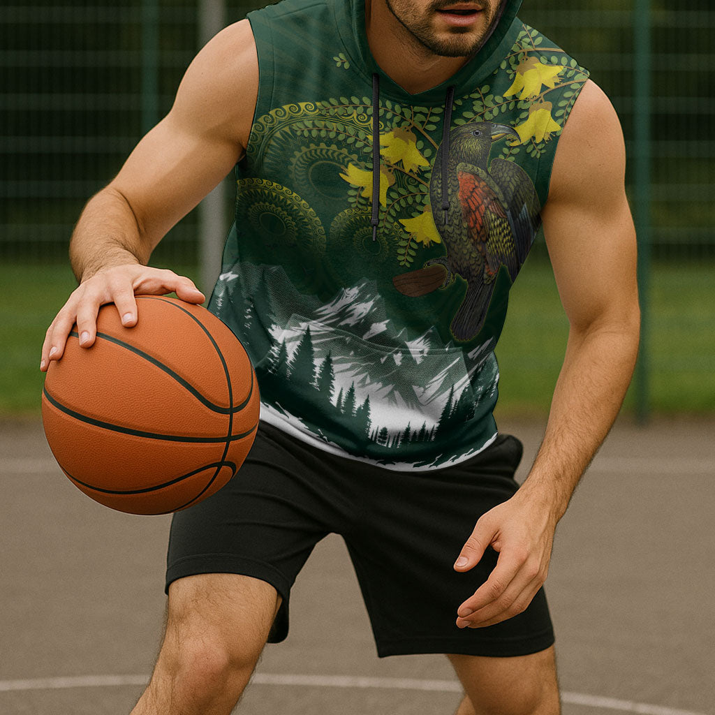Kea Bird Kowhai New Zealand Sleeveless Hoodie Mountain Landscape Maori Art
