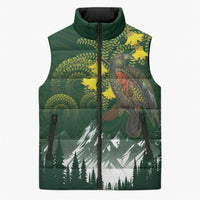 Kea Bird Kowhai New Zealand Sleeveless Puffer Jacket Mountain Landscape Maori Art LT22 Unisex Green - Polynesian Pride