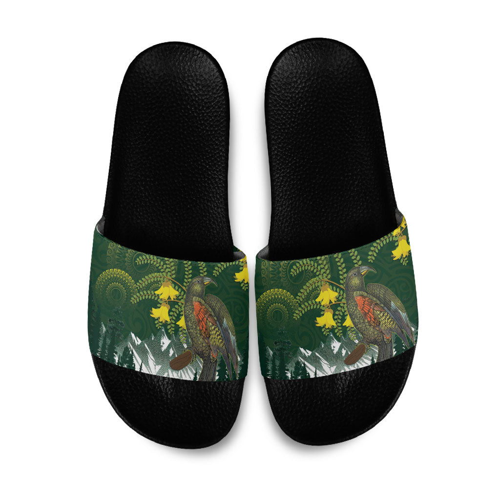 Kea Bird Kowhai New Zealand Slide Sandals Mountain Landscape Maori Art LT22 Green - Polynesian Pride