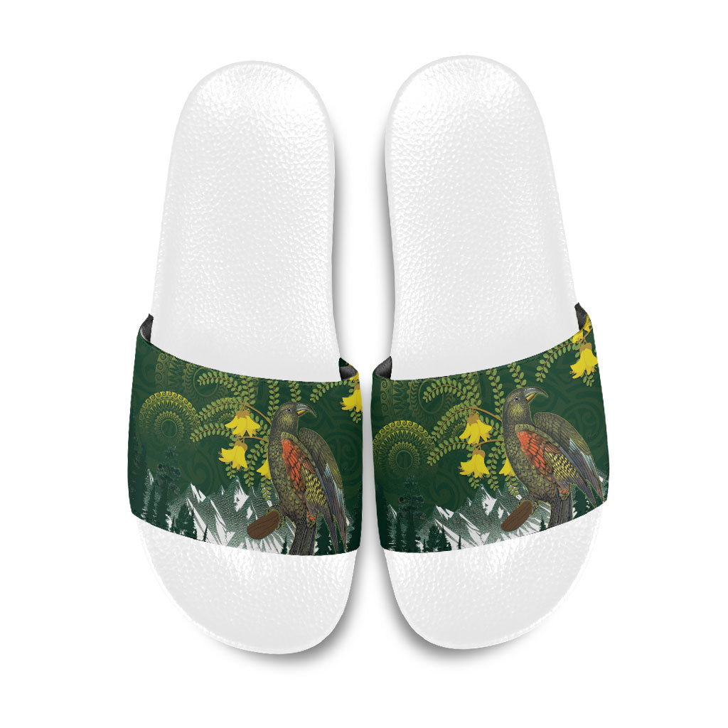 Kea Bird Kowhai New Zealand Slide Sandals Mountain Landscape Maori Art LT22 Green - Polynesian Pride