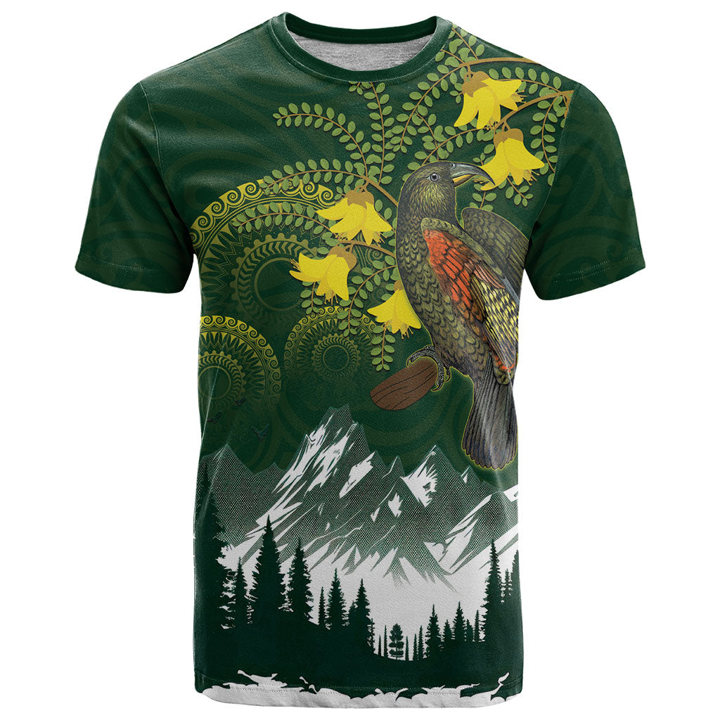 Kea Bird Kowhai New Zealand T Shirt Mountain Landscape Maori Art LT22 Green - Polynesian Pride