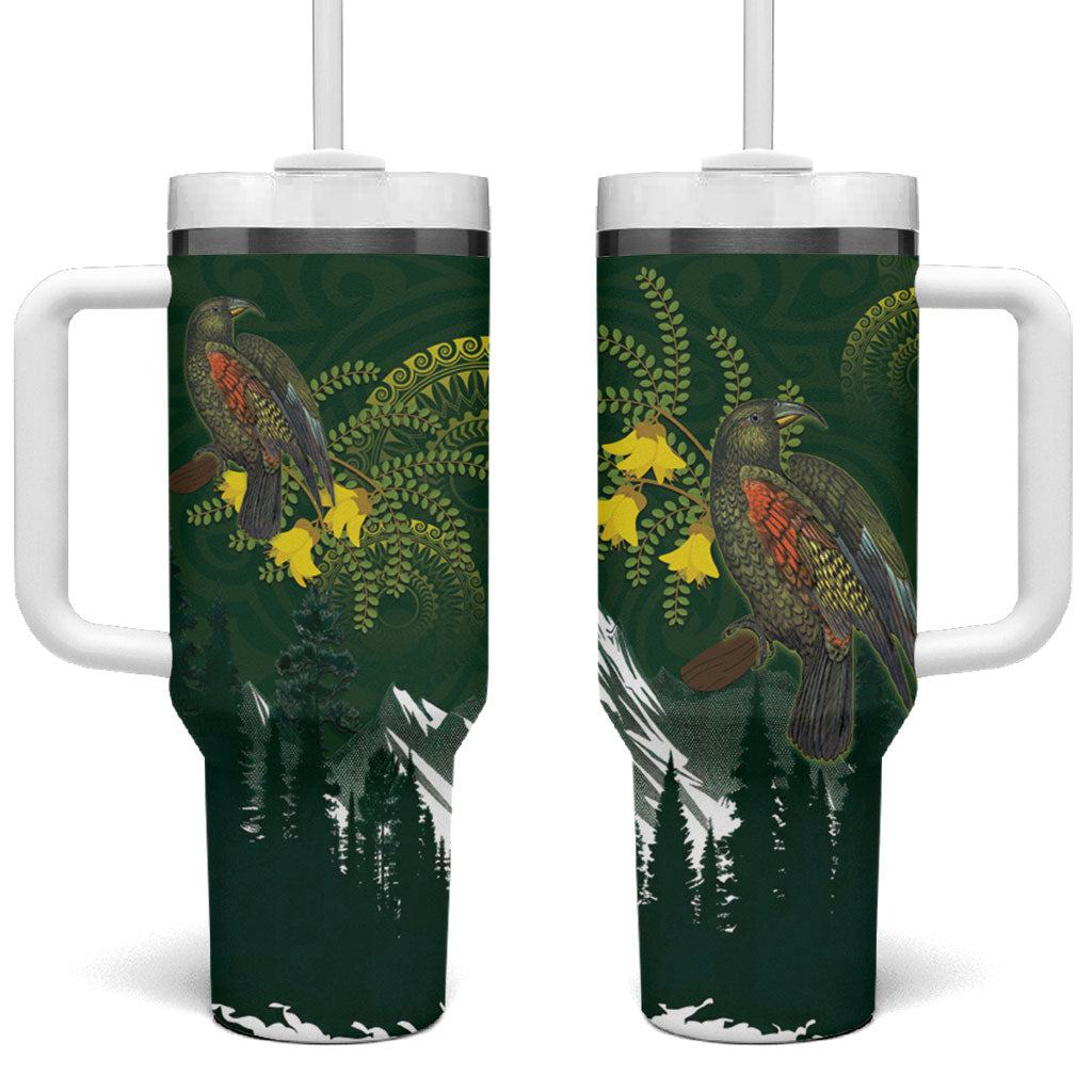 Kea Bird Kowhai New Zealand Tumbler With Handle Mountain Landscape Maori Art LT22 One Size: 40 oz Green - Polynesian Pride