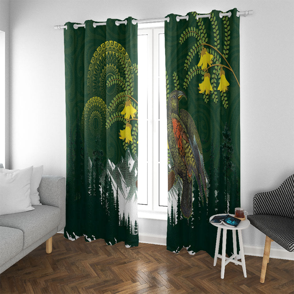 Kea Bird Kowhai New Zealand Window Curtain Mountain Landscape Maori Art LT22 With Grommets Green - Polynesian Pride