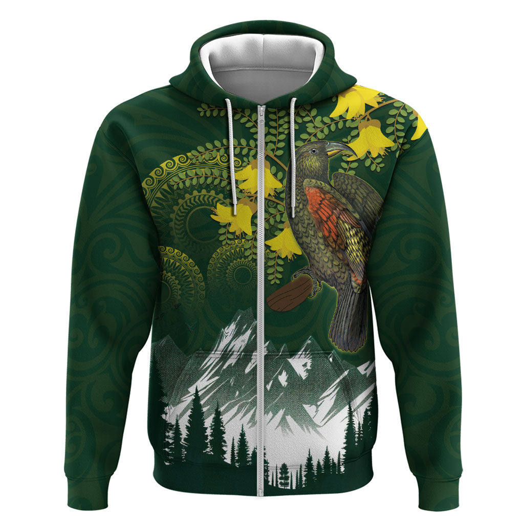 Kea Bird Kowhai New Zealand Zip Hoodie Mountain Landscape Maori Art LT22 Zip Hoodie Green - Polynesian Pride