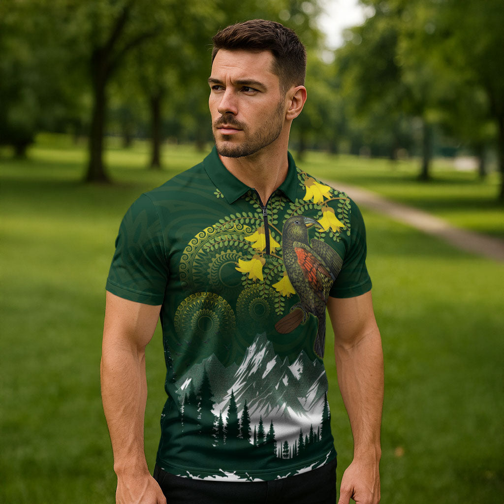Kea Bird Kowhai New Zealand Zipper Polo Shirt Mountain Landscape Maori Art