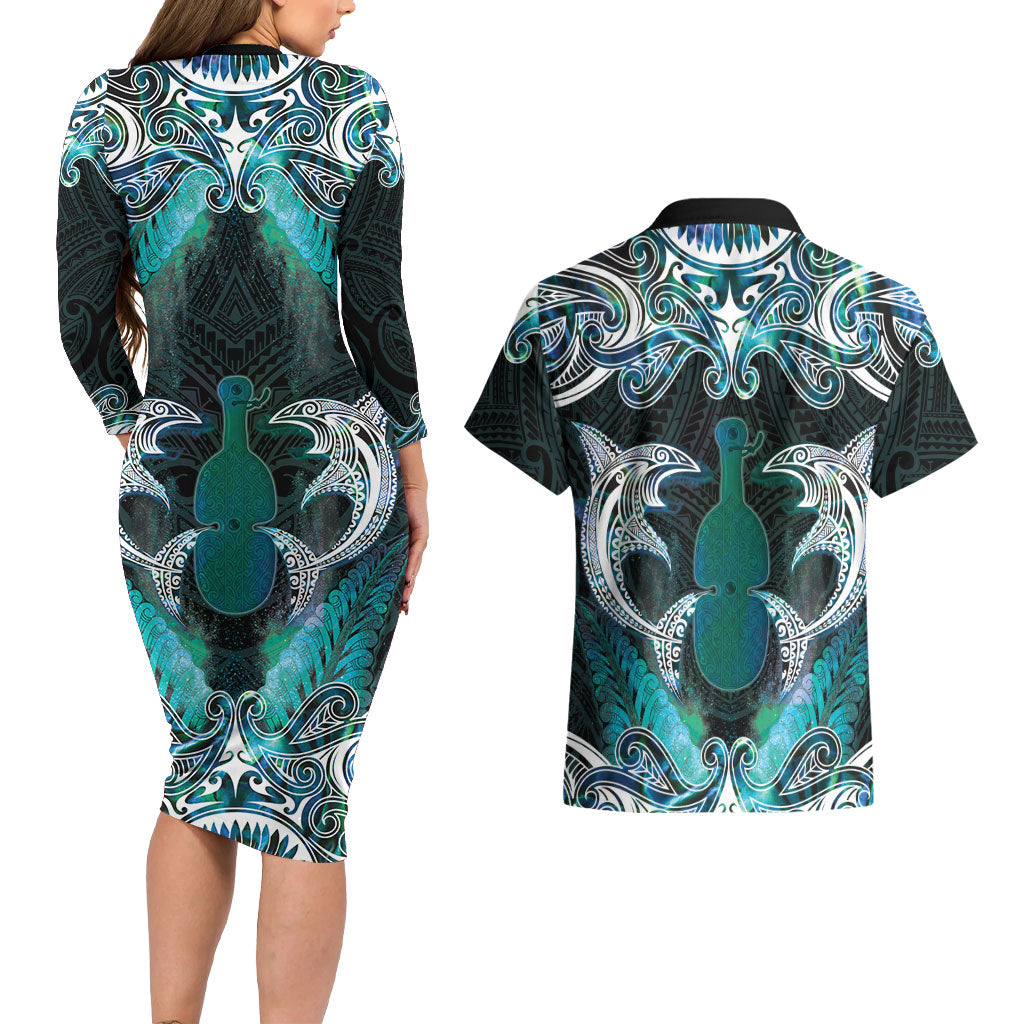New Zealand Kotiate Weapon Couples Matching Long Sleeve Bodycon Dress and Hawaiian Shirt Aotearoa Mango Paua Shell Maori Pattern LT22 - Polynesian Pride