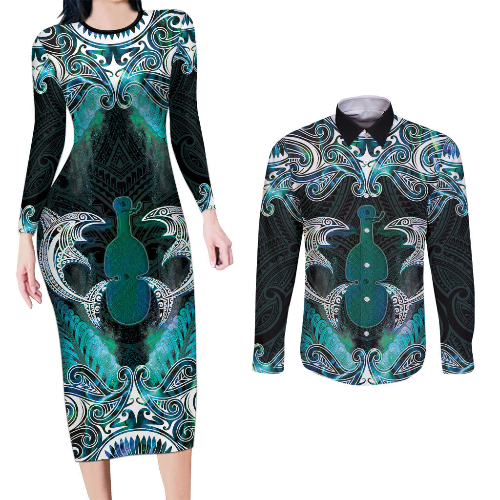 New Zealand Kotiate Weapon Couples Matching Long Sleeve Bodycon Dress and Long Sleeve Button Shirt Aotearoa Mango Paua Shell Maori Pattern LT22 Blue - Polynesian Pride